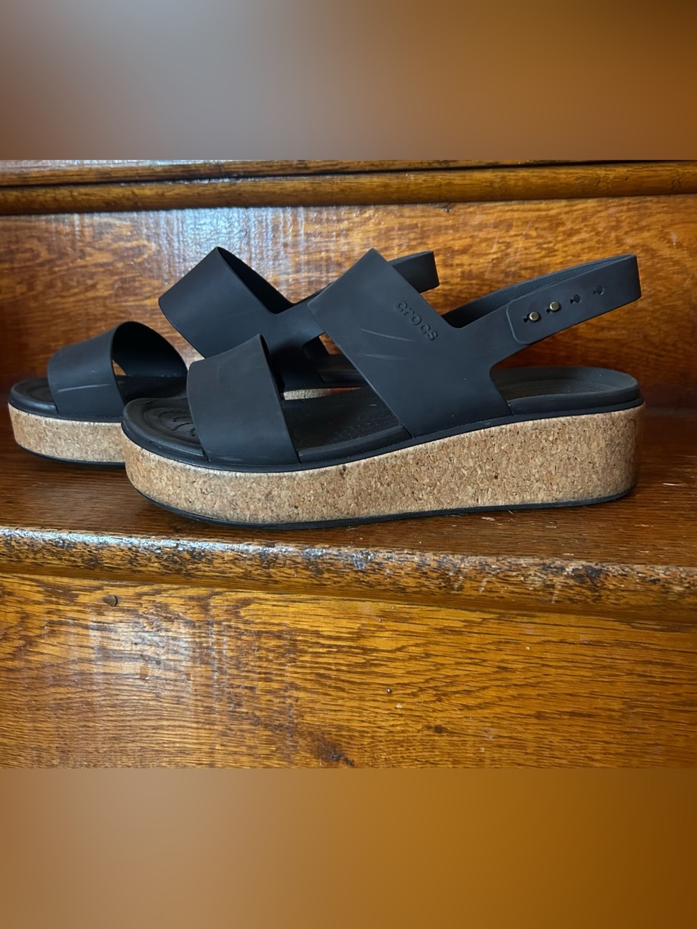 CROCS Women's Black Cork-Look Platform Slide Sandals